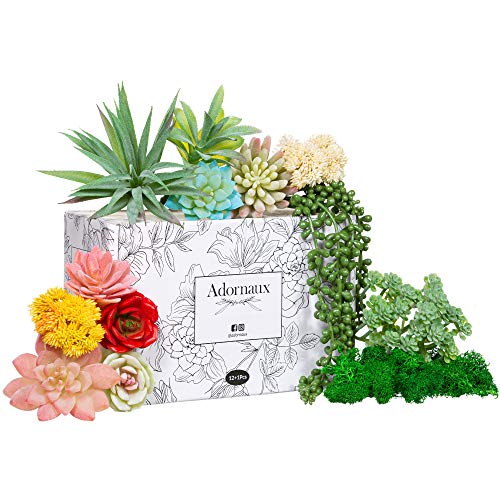 Adornaux Artificial Succulent Plants Pack - 13 Pieces - Ultra Realistic Faux Succulents Variety Pack - Mini, Medium, and Large - Echeveria, Rose, String of Pearls - Ideal for Indoor and Outdoor Décor