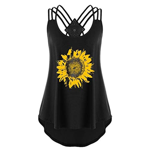Women o Neck Vest tees Sunflower Print Sleeveless T Shirts Graphic Bandages Vest Blouse Back Strappy Casual Tank Tops Tunics