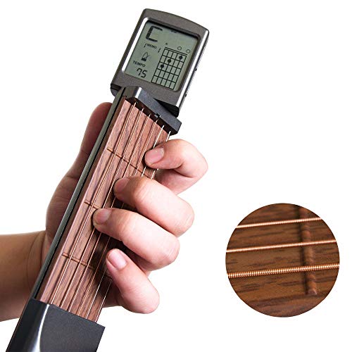 Volwco Pocket Guitar Chord Trainer, Portable Guitar Practice Tool For Beginner, Mini 6 Fret Guitar Finger Memory Exerciser With Rotatable Chords Chart Screen And Pitch Adjustment Wrench And Cloth Bag