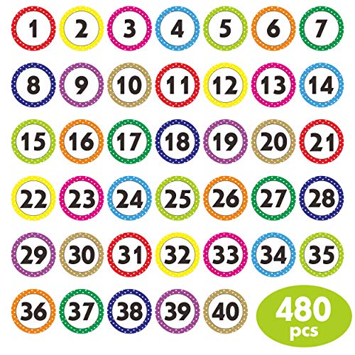 480 PCS Polka Dot 1-40 Numbers Stickers for Office, Classroom, Organizing (Each Measures 1" in Diameter)