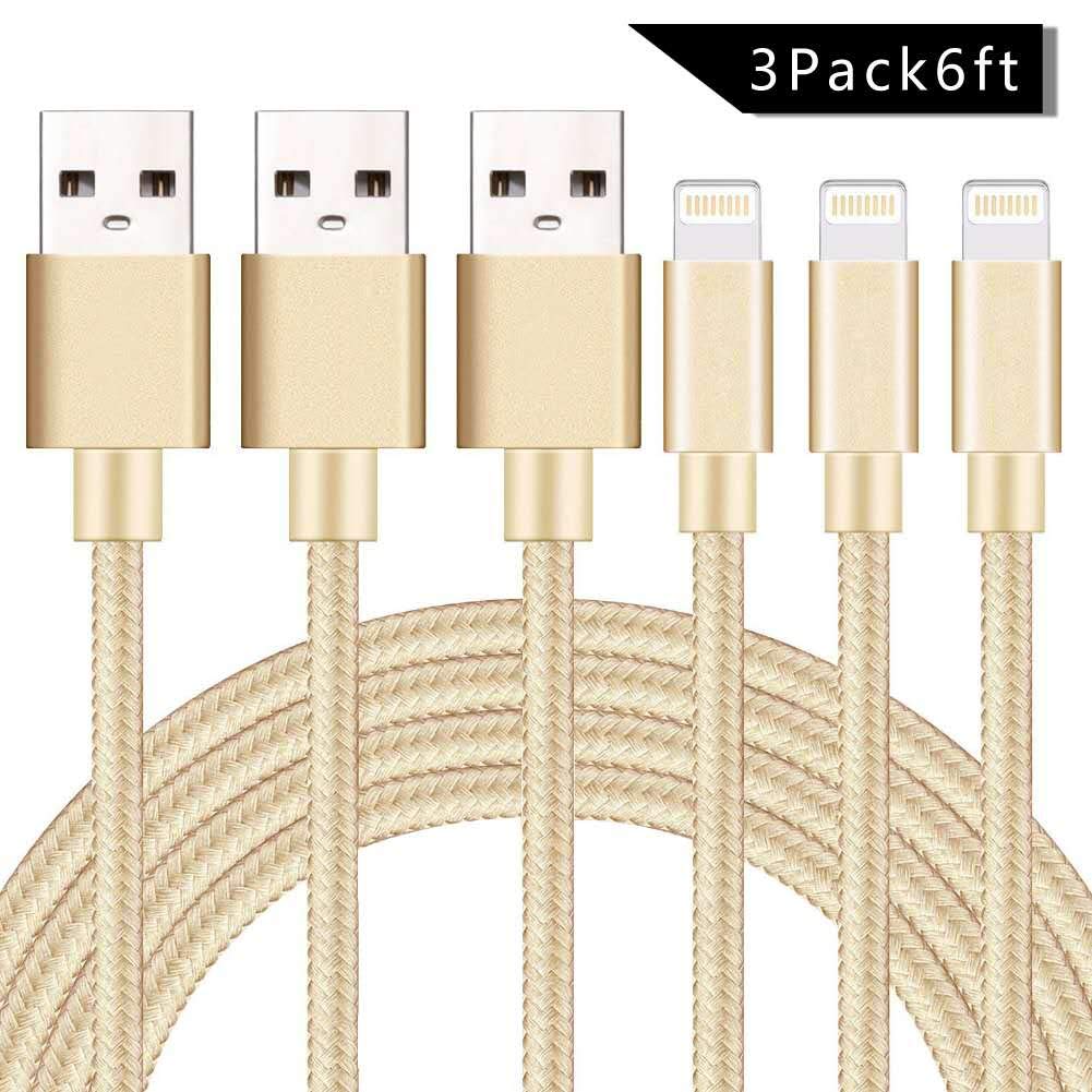 sharllen iPhone Charger 3Pack 6ft iPhone Cable Nylon Braided Lightning Cable Mfi Certified Fast Charging Cable Long USB Cord Compatible iPhone XS/Max/XR/X/8/8P/7/7P/6/6P/iPad/iPod (Gold)