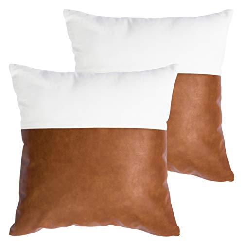 Book Cover HOMFINER Faux Leather and 100% Cotton Decorative Throw Pillow Covers for Couch Bed Sofa, 18 x 18 inch Set of 2 Modern Home Decor Accent Square Bedroom Living Room Cushion Cases Cognac Brown White