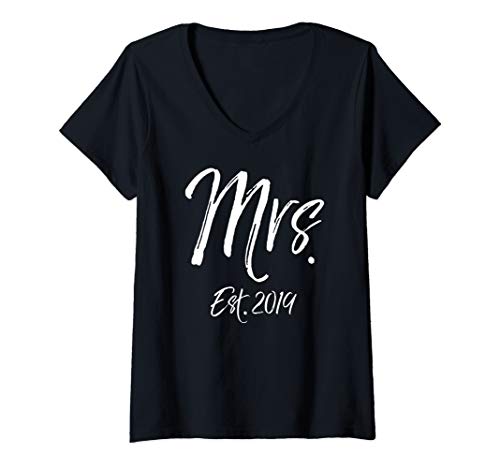 Womens Matching Husband & Wife Wedding Gift Women's Mrs. Est. 2019 V-Neck T-Shirt