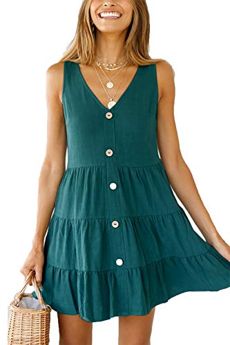 NICIAS Womens Sleeveless V Neck Tunic Dress Casual Loose Swing Shift Dresses Dark Green M