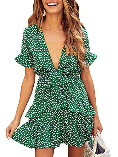 GAMISOTE Womens V Neck Floral Dress Short Sleeve Ruffle Layers Knot Front Swing Mini Dresses