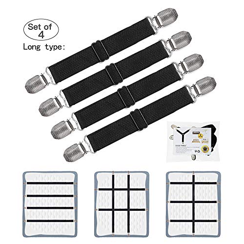 Adjustable Bed Sheet Clips, Sheet Fasteners Holder Straps and Suspender, Gripper, Extend From 21" to 80" Long Style Elastic Fasteners Bands Heavy Duty Suit for Mattress, Sofa, Couch, Recliner and More