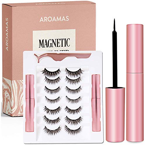 Aroamas Magnetic Eyeliner and Magnetic Eyelash Kit, [7 Pairs]No Glue Reusable Silk False Lashes, Easier To Use Than Traditional Magnetic Eyelashes