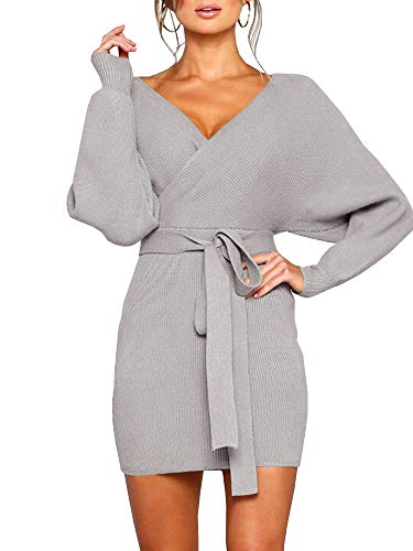 YeMgSiP Womens Sweater Dresses Deep V Neck Batwing Sleeve Wrap Sexy Backless Mini Bodycon Dress with Belt