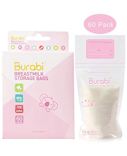 Burabi Breastmilk Freezer Storage Bags 6.8 OZ 60 Count for Nursing Mothers Breastfeeding Self-Standing NO Leakage