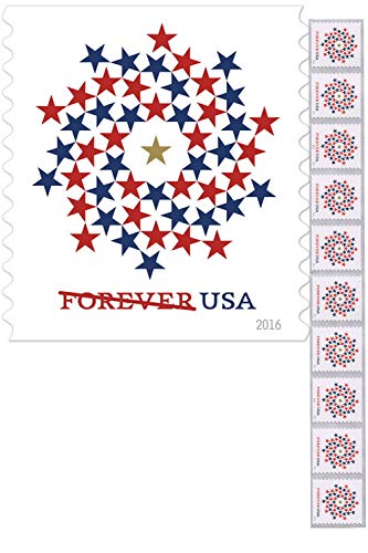 Patriotic Spiral Book of 10 Forever First Class USPS Stamps USA Stars Red & Blue (Strip of 10 Stamps) Christmas Wreath