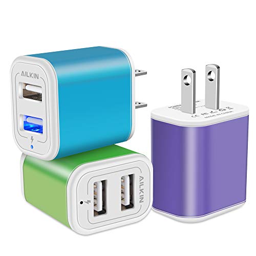 USB Power Adapter, Wall Plug, Ailkin 3-Pack 5V/2.1A Fast Charging Cell Phone Cube Home/Travel Wall Charger Block Box Brick Base for iPhone XS/XR/10/8/7, iPad, Samsung Galaxy, LG, HTC, More USB Plug