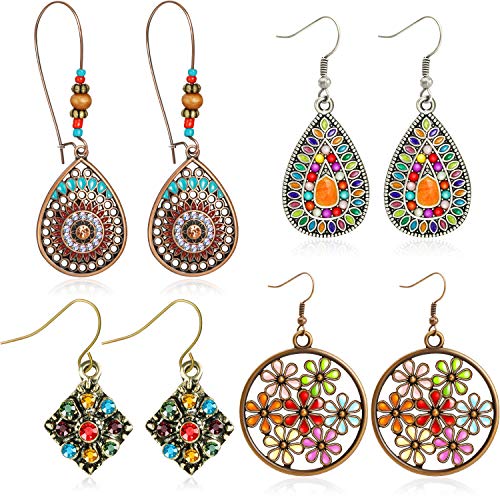 4 Pairs Bohemian Vintage Dangle Earrings Retro Rhinestone Earrings Boho Dangle Drop Earrings for Women Girls (Style A)
