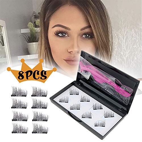 Magnetic Eyelashes Half Eye Dual Magnets False Eyelashes with Tweezer NO GLUE Fake Lashes Extension for Natural Look 8 Pieces /2 pair