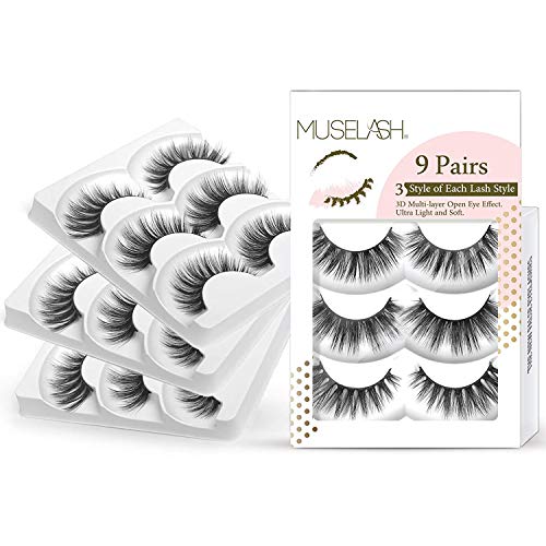 MUSELASH 3D 9 Pairs 3 Styles Faux Mink False set Natural False Eyelashes Lashes wispiese Eyelashes Soft Multi-pack Long Fluffy Dramatic Lashes Handmadeâ€¦â€¦â€¦