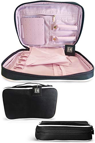 Eliza Huntley Jewelry Organizer 10.5” x 7” x 2” - Portable Jewelry Case - Ideal for Necklaces, Rings, Bracelets, Earrings, Watches – Black With White Piping – Stylish - Multifunctional