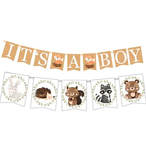 Woodland Creatures ITS A BOY Banner for Baby Shower + Fox, Raccoon, Rabbit, Bear, Squirrel and Porcupine/Animals Themed Decorations