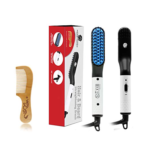Mane Tamed Electric Beard Straightener & Beard Comb for Men | Dual Temp Hot Comb Hair Straightening Brush | Multifunctional Portable Anti-Scald Beard Brush | Wood Beard Comb Included