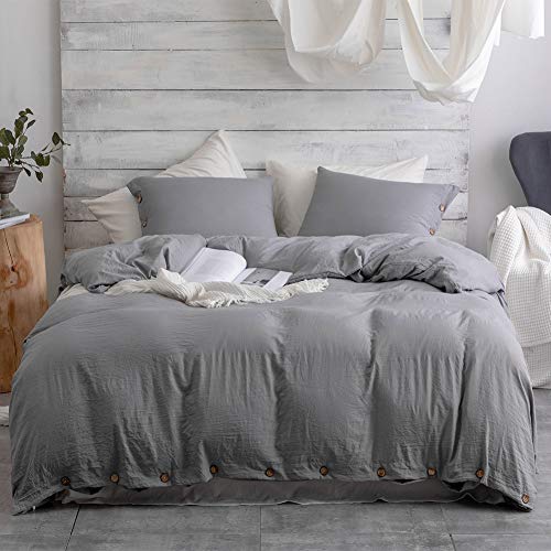 Book Cover Argstar 3 Pcs 100% Microfiber Duvet Cover King Size with Buttons, Washed Cotton Effect, Light Grey