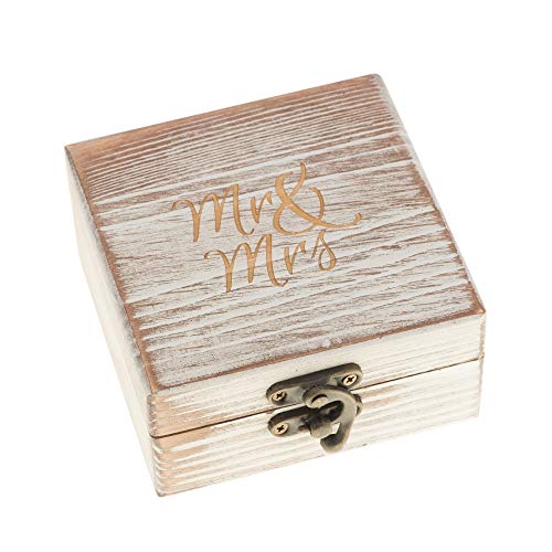 Ella Celebration Wood Ring Box for Wedding Ceremony Rustic Vintage Ring Bearer Box, Unique Engagement Ring Holder Boxes for Marriage, Mr & Mrs Decorative Boho Jewelry Favor Gift (Antique White)
