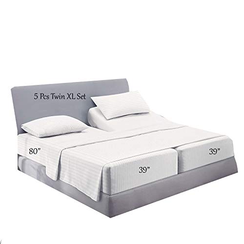 Split Bed Sheet Set (5 Pieces) Adjustable Bed Sheets - 100% Egyptian Cotton - 400 Thread Count - 16 Inch Deep Pocket of Fitted Sheet -(Split King,White Stripe)