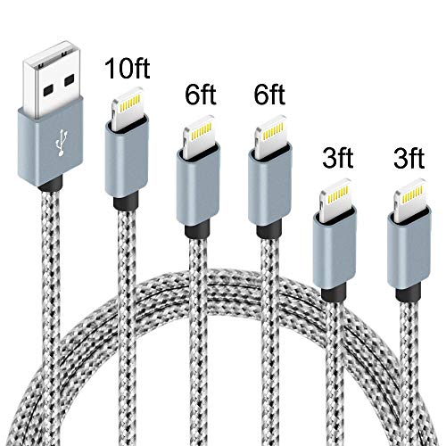 5Pack(3ft 3ft 6ft 6ft 10ft) iPhone Lightning Cable Apple Certified Braided Nylon Fast Charger Cable Compatible iPhone Max XS XR 8 Plus 7 Plus 6s 5s 5c Air iPad Mini iPod (Gray White)