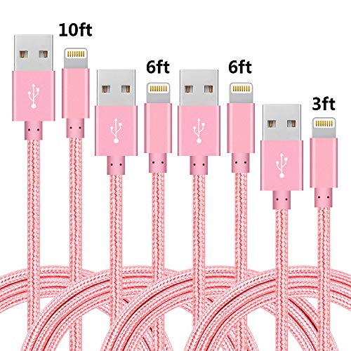 4Pack(3ft 6ft 6ft 10ft) iPhone Lightning Cable Apple Certified Braided Nylon Fast Charger Cable Compatible iPhone Max XS XR 8 Plus 7 Plus 6s 5s 5c Air iPad Mini iPod (Pink)