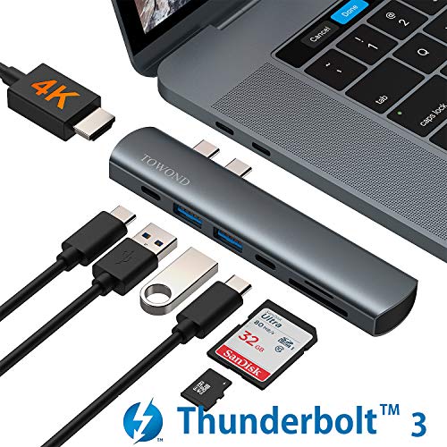 Book Cover USB C Hub for Macbook Pro USB Adapter Dongle for Mac Air/Pro 2019 2018, Macbook Pro 2017 2016, TOWOND 7 in 1 Type-C Dock with 4K HDMI, Thunderbolt 3 5K@60Hz, 100W PD, 2 USB 3.0, SD/TF Card Readers