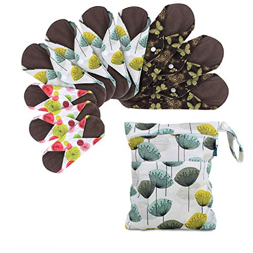 Teamoy 10pcs Cloth Panty Liners, Reusable Sanitary Pads with Wet bag, Washable Cloth Menstrual Pads with Charcoal Absorbency Layers (Country Style, 3pcs×7.9''+4pcs×10''+3pcs×11.6''), 11 Piece Set