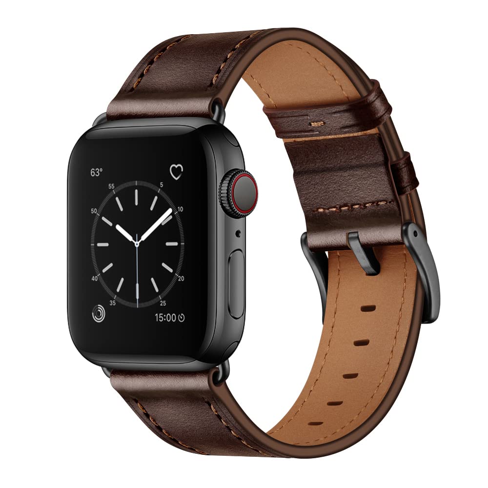 OUHENG Compatible with Apple Watch Band 41mm 40mm 38mm, Genuine Leather Band Replacement Strap Compatible with Apple Watch Series 8/7/6/5/4/3/2/1/SE2/SE, Dark Brown Band with Black Adapter