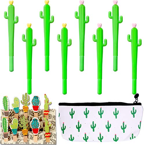 30 Pieces Cactus Creative Stationery Set Cactus Shaped Rollerball Pen Cactus Pencil Bag and Cactus Clip for School Office Supplies
