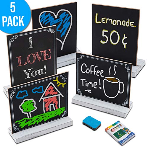 Mini Chalkboard Signs with Stand, Set of 5 Small Tabletop Chalk Board Sign Holder for Table Food Menus, Baby Shower, Decorative Wedding Decor, Birthday or Kitchen Parties - 5x6 Rustic White Wood Frame