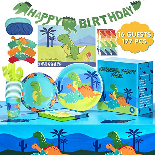 AwesomeAll 177 Dinosaur Party Supplies-Plates, Cups, Napkins, Cupcake Wrappers, Pin the Tail on the Dinosaur Game, Birthday Banner, Table Cover, Spoons, Forks, Knives - Serve 16