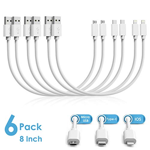 Book Cover Micro USB Cable, iOS Charging Cable,Type C Cable,8 Inch Short Mixed Cables Compatible with Phone XS Max/XS/XR/X/8 Plus/8/7,Samsung S10/S10 Plus/Note 9/S9 Plus/S9/Note 8/S8 Plus/S8 and More-6 Pack