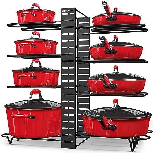 STORLUX Pot and Pan Organizer for Cabinet, Adjustable 8 Non-Slip Tiers Pot Rack Organizer with 3 DIY Methods, Kitchen Under Cabinet Organization and Storage for Pots and Pans, Black Steel (UPGRADED)