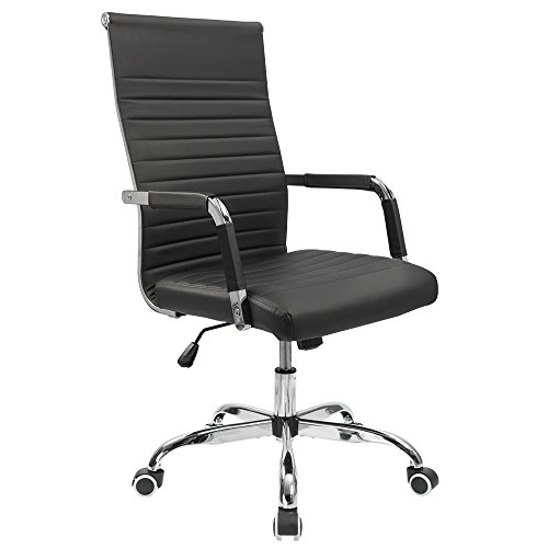 Furmax Ribbed Office Desk Chair Mid-Back Leather Executive Conference Task Chair Adjustable Swivel Chair With Arms Ribbed Black