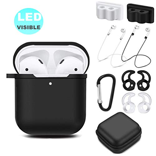 AirPods Case Accessories Kit [Front LED Visible], HULOSAN Silicone Protective Airpods Case Cover Skin for Apple AirPod 1 & 2 -With Airpods Ear Hook/Tips/Strap/Clips/Watch Holder/Keychain/Zipper Box