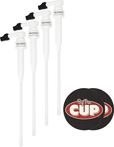 Monin Coffee Flavoring Syrup Pump Dispenser for 750 mL Glass Bottle Only (Pack of 4) With By The Cup Coasters