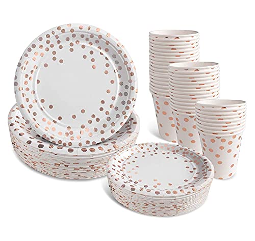 Rose Gold Plates and Cups set for 50 - Disposable Rose Gold paper plates and cups 150 pcs total. Bonus Party Printables Ebook included
