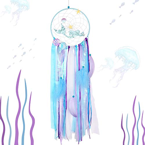 AerWo Mermaid Dream Catchers for Kids, Handmade Blue Mermaid Dream Catcher for Girls Bedroom Wall Hanging Decorations Under The Sea Mermaid Birthday Party Supplies