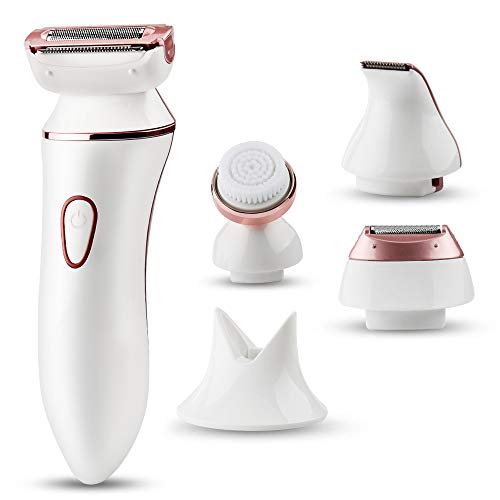 Kuyang 4 IN 1 Electric Razor for Women, USB Rechargeable Electric Shaver for Women, Cordless Electric Epilator with 3 Different Razor Head 1 Facial Cleansing Brush, Wet or Dry Use