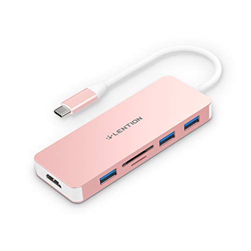 LENTION USB C Hub with 4K HDMI, 3 USB 3.0, SD/TF Card Readers Compatible MacBook Pro 13/15 (Thunderbolt 3), 2018 2019 Mac Air, Surface Book 2/Go, Chromebook, Multi-Port Adapte (Rose Gold)