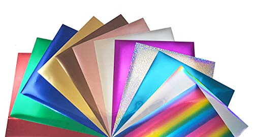 VEENYL SHOP Metallic HTV Stretchable Foil Heat Transfer Vinyl Bundle (A) 10”x12”: 12 Assorted Colors Iron On Vinyl for T-Shirt with Cricut or Heat Press