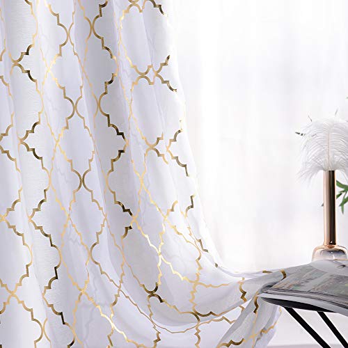 Book Cover YJYANJUN White Sheer Curtains 84 inches Long Trellis Gold Foil Curtains for Living ,Bedroom Set of 2 Panles, 52 x 84 inch