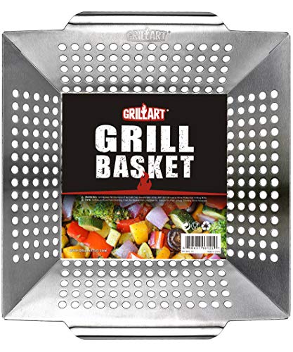GRILLART Grill Basket for Vegetables & Meat â€“ Large Grill Wok/Pan for the Whole Family - Heavy Duty Stainless Steel Veggie Grilling Basket Built to Last - Best BBQ Accessories for All Grills & Smokers