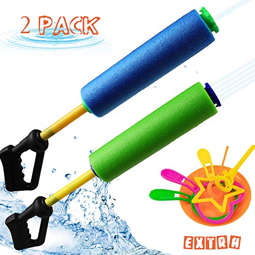 Klobroz Water Guns for Kids - 2 Pack 5 in 1 Nozzles Foam Water Blaster Soaker Gun Pool Games for Boys Girls Kids and Adults Outdoor Beach Yard and Park Water Fighting Game Extra Bubble Making Wand Inc