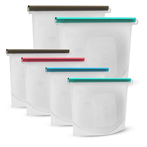 Silicone Food Storage Bag, PAGIE Set of 6 Reusable Sandwich Bags Airtight Seal BPA Free Food Preservation Bags for Vegetable, Liquid, Snack, Meat, Fruit, 2 Large and 4 Medium