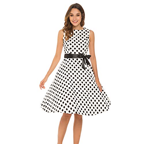 GENSHUO White Polka Dot Boatneck Sleeveless Casual Vintage Tea Dress with Ribbon L