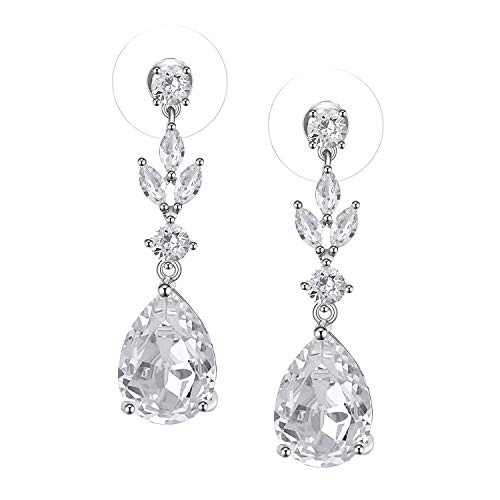 SWEETV Teardrop Wedding Earrings for Women,Bridesmaids,Brides -Rhinestones Earrings for Bridal,Prom,Formal-Silver