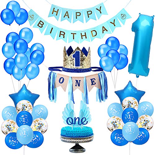 TONG Party 1st Birthday Boy Decorations | Includes High Chair Burlap Decoration Supplies Set, First Royal Prince Boy Crown Hat, Happy Birthday Banner ONE Cake Topper Angle Wings Cake Flag Confetti Marble Foil And Latex Balloons