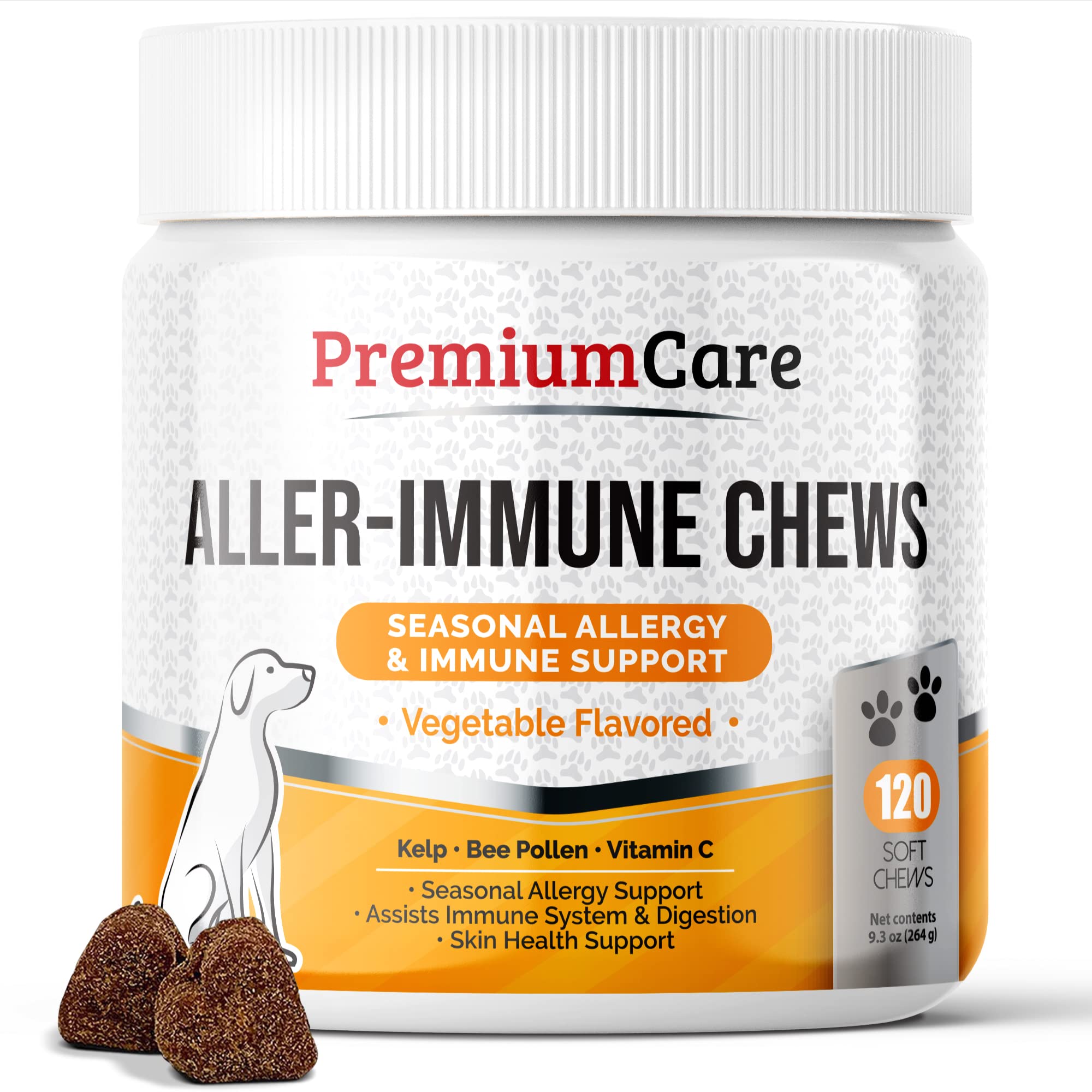 Premium Care Dog Allergy Chews & Immune Supplement - Environmental and Seasonal Support for Pets - Skin Health Support with Colostrum, Vitamin C and Bee Pollen - 120 Allergy Chews for Dogs